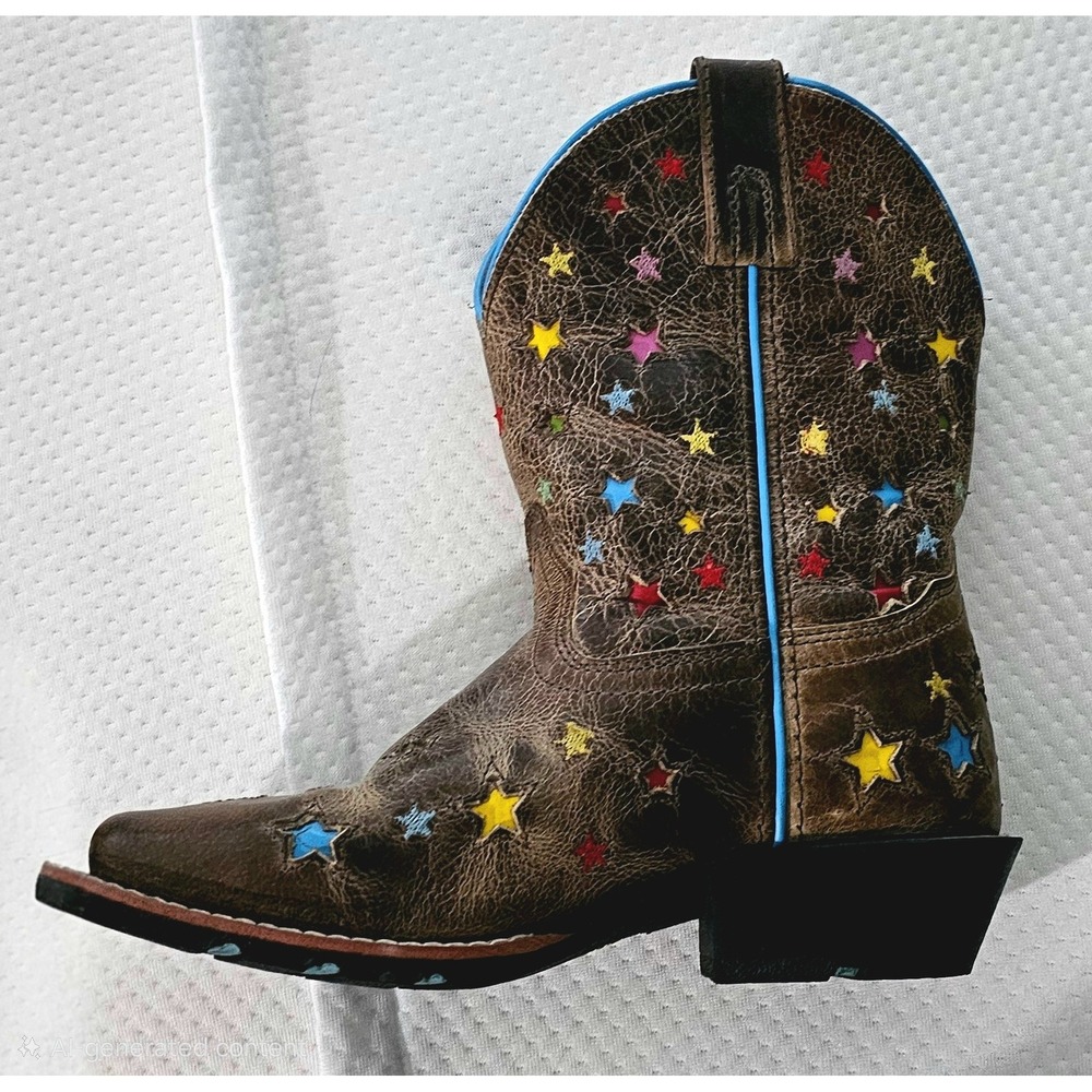 Dan Post Kids Starlett Brown Leather Western Cowboy Boots Multicolored Stars